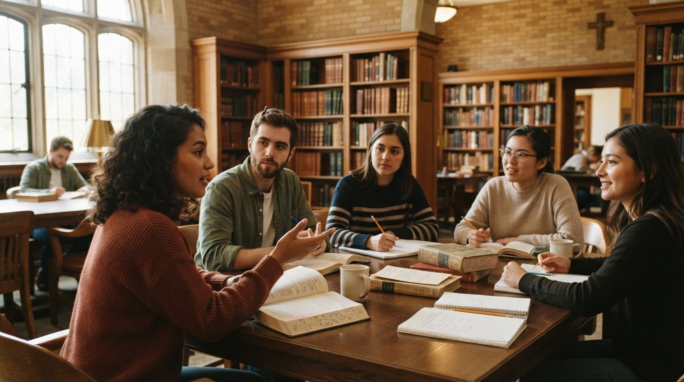 College students discuss open novels and poetry books around a wooden seminar table in a sunlit brick-and-oak library