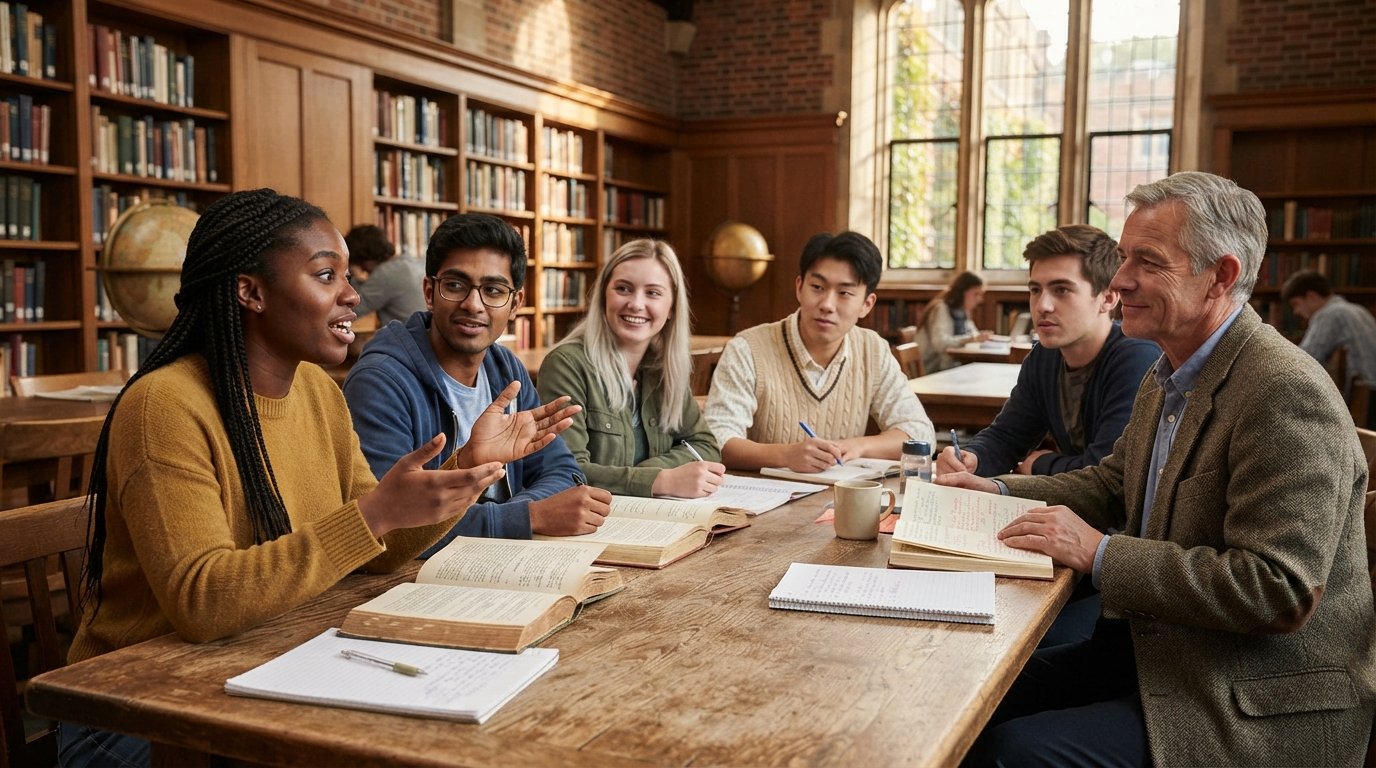 Diverse students discuss open novels around a wooden seminar table in a sunlit brick-and-oak library as a professor listens