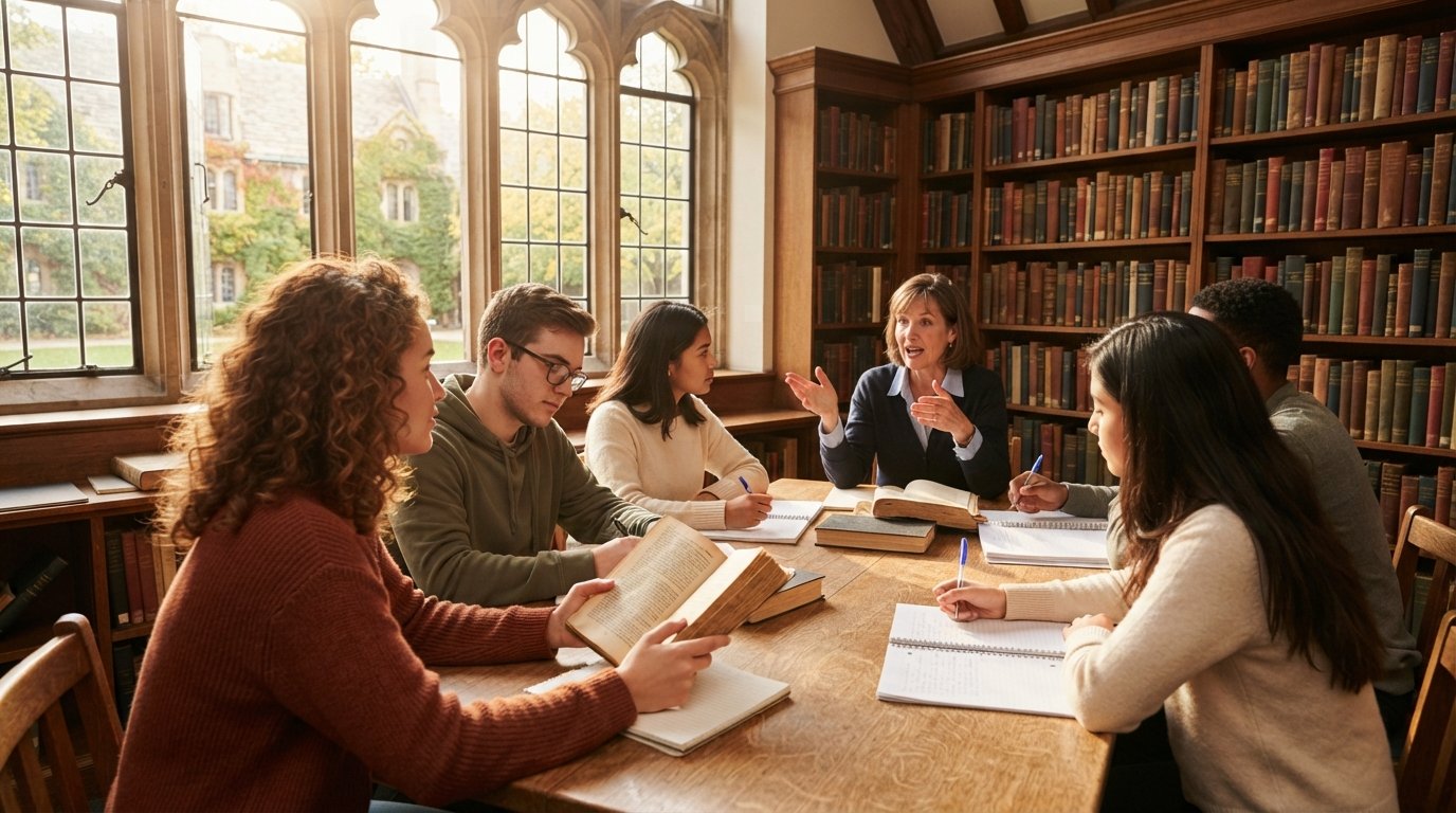 College students discuss a novel in a sunlit library seminar room, one holding an open book while others take notes near…