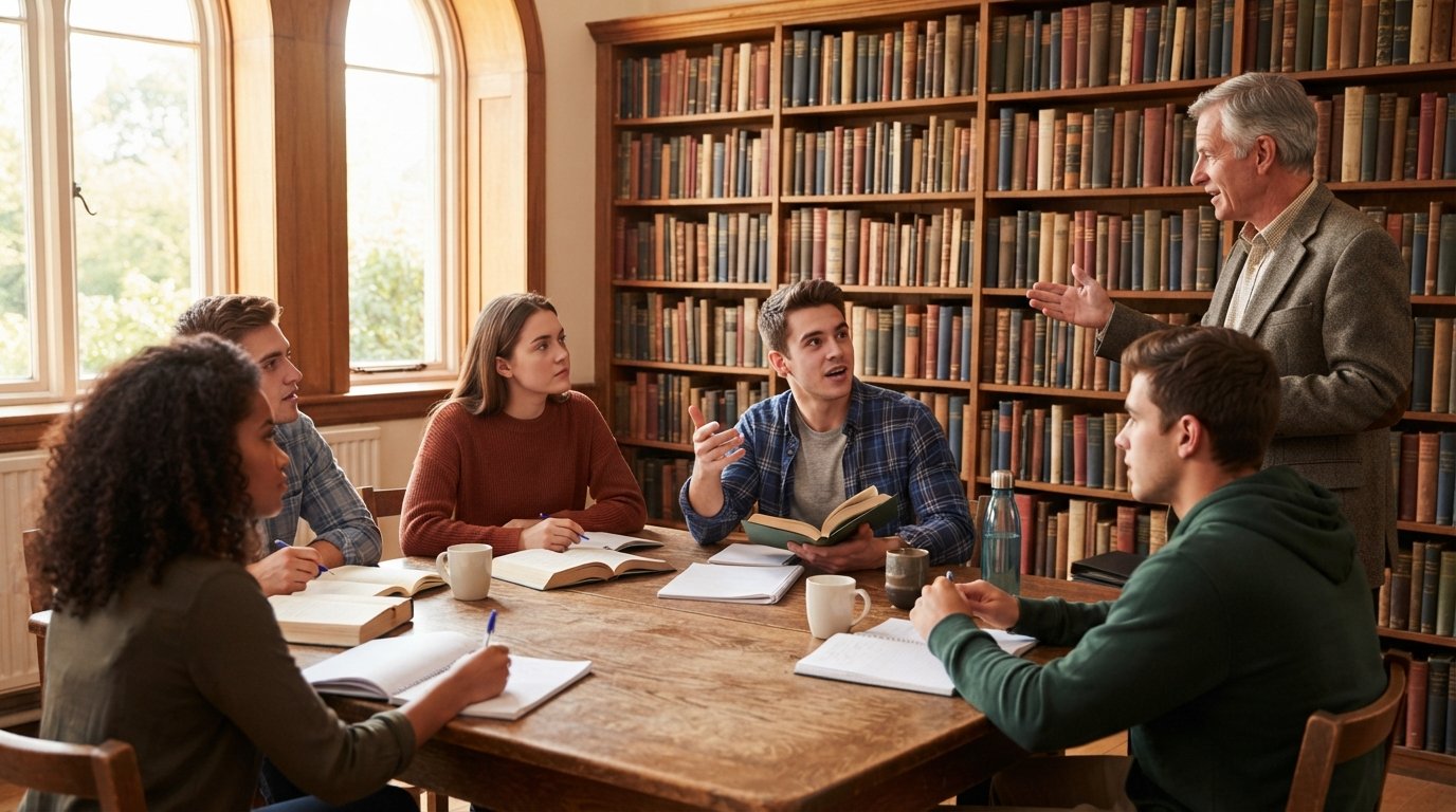 Diverse college students around a wooden seminar table with open novels and notebooks, discussing literature with a…