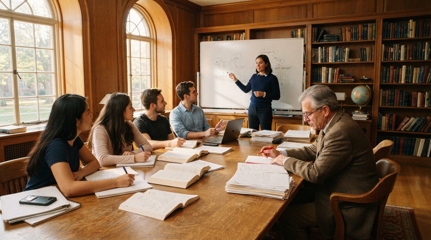 Graduate students discuss literature around an oak table in a sunlit seminar room as one presents at a whiteboard