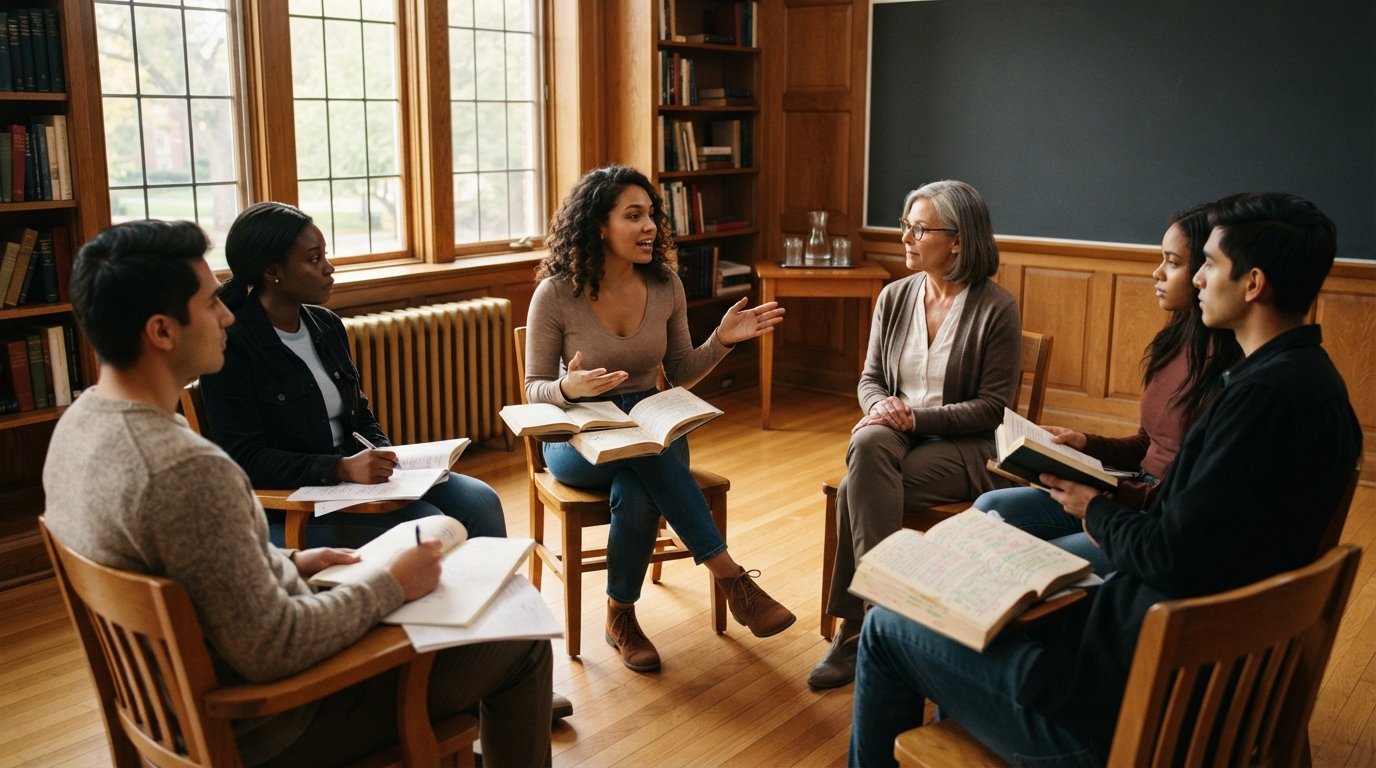 Diverse college students in a sunlit wood-paneled classroom sit in a circle with open novels and handouts, one gesturing…