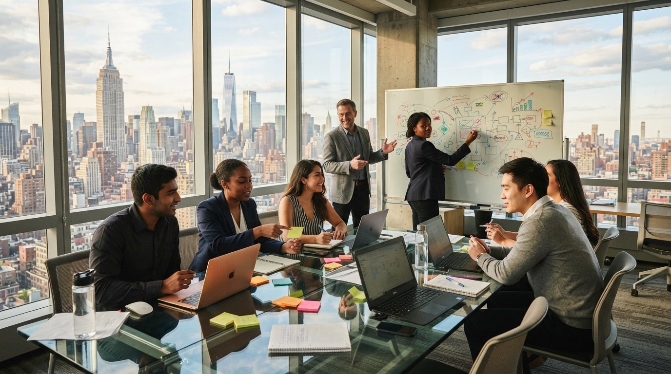 Diverse graduate students in business attire collaborate around a glass table in a sunlit high-rise classroom with city…