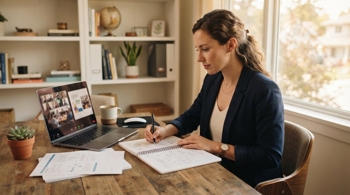 Adult student in a blazer reviews business documents at a home desk with a laptop showing a video call, notebook, and coffee