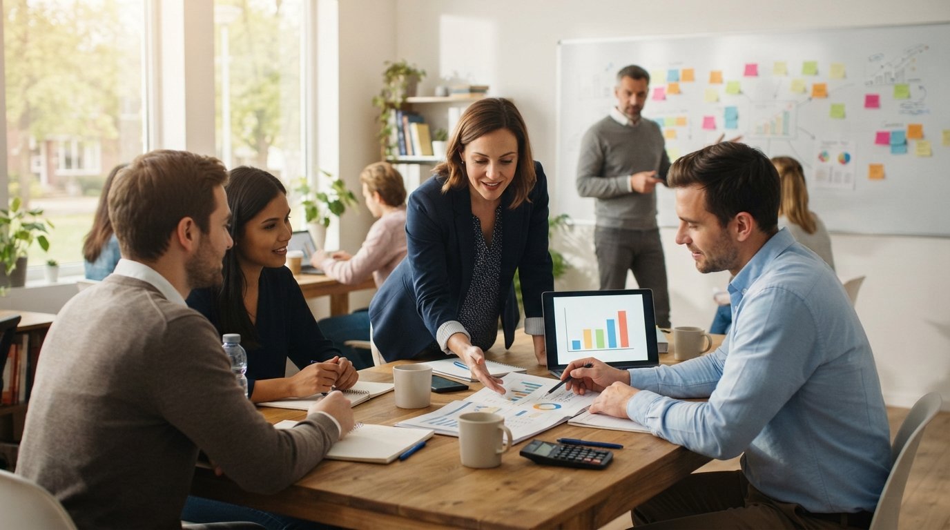 Adult students in business attire review a printed business plan and laptop bar graph around a wooden table in a bright…