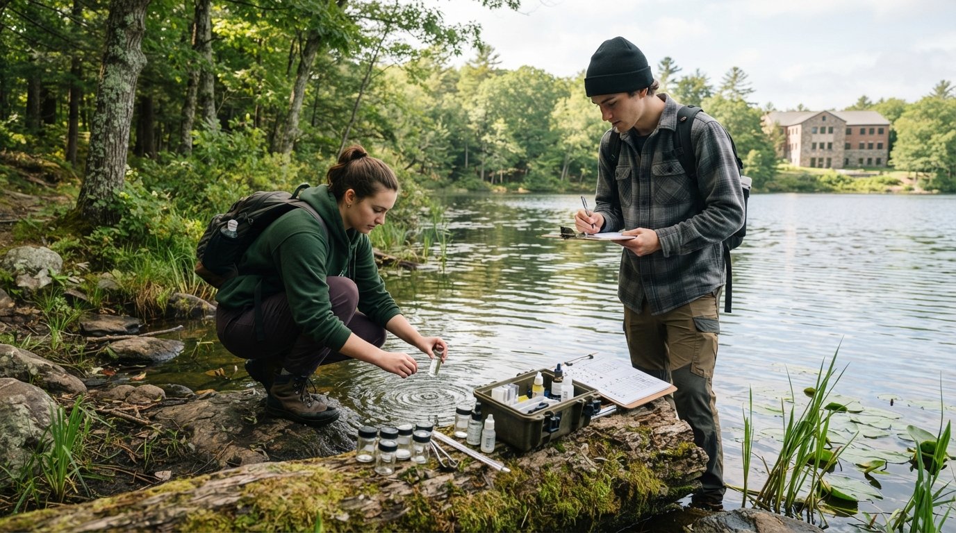 Two students in outdoor clothing collect a lake water sample in a glass vial beside a forested shoreline, with a clipboard,…