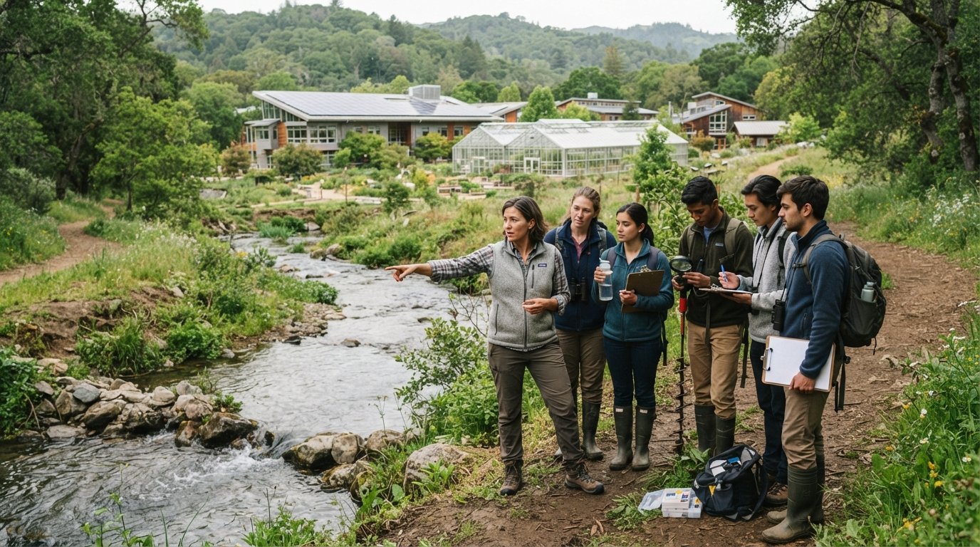 Students in outdoor gear collect water samples and study plants with clipboards while a professor points toward a stream,…