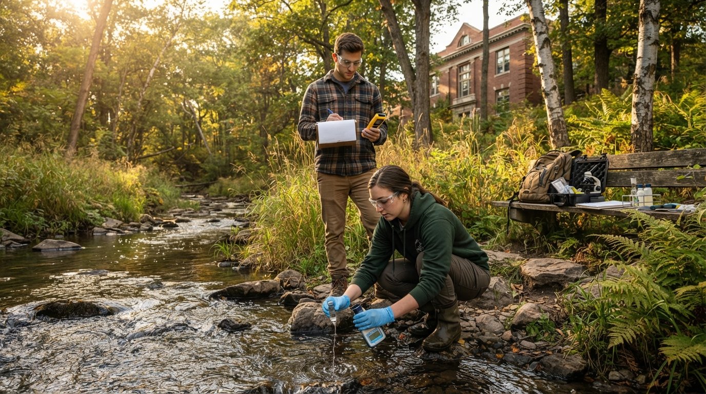 Students in field gear and safety glasses collect a water sample from a rocky stream while another records data on a…
