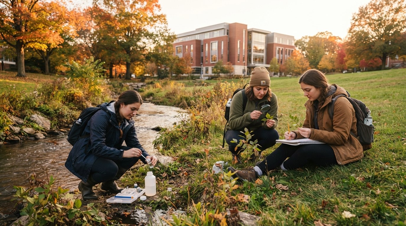 Three students doing fieldwork by a campus stream, one in a navy jacket taking water samples while two examine plant…