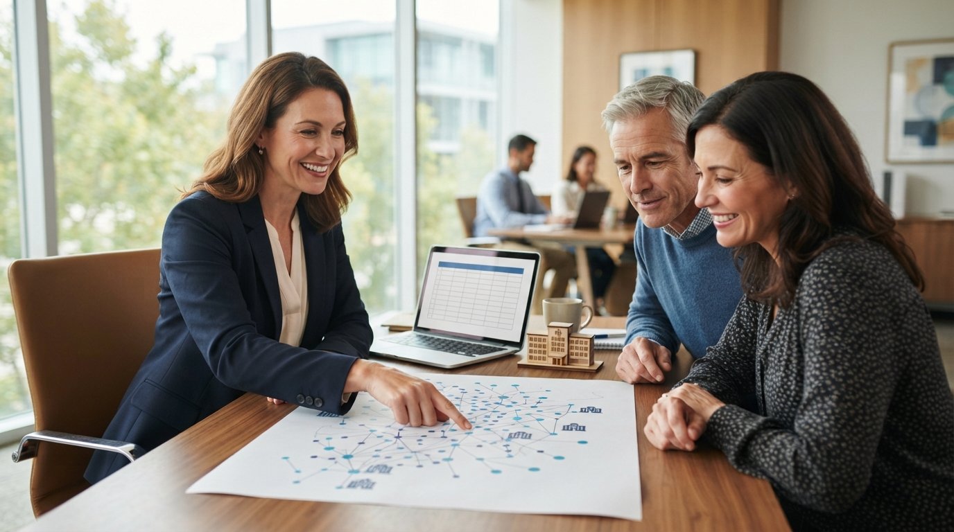 Insurance agent in navy blazer points to a network map of connected dots while a couple looks on in a bright office