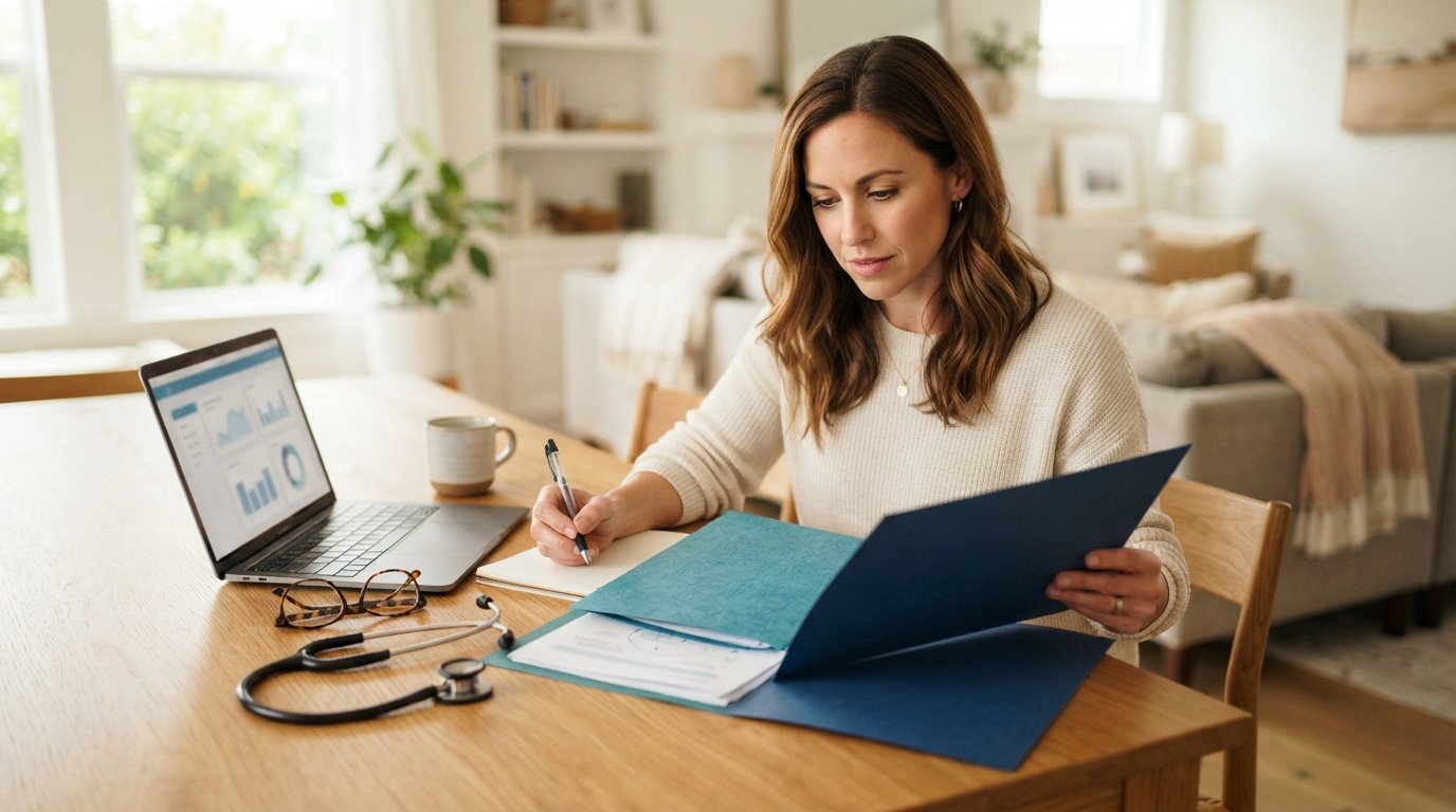 Woman at a wooden table comparing a teal and a navy blue folder beside a laptop, stethoscope, and reading glasses
