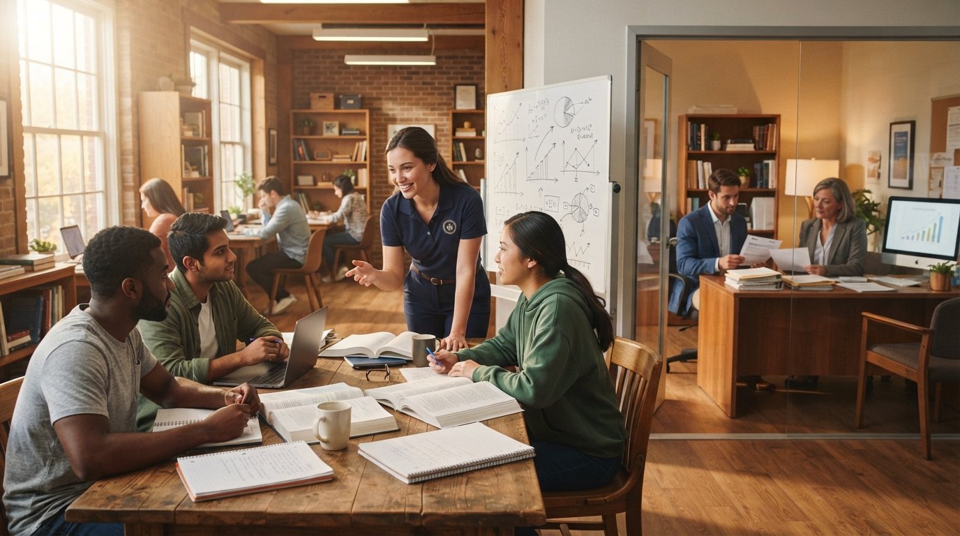 College students study around a wooden table with laptops and textbooks as a peer tutor gestures toward a whiteboard, with…