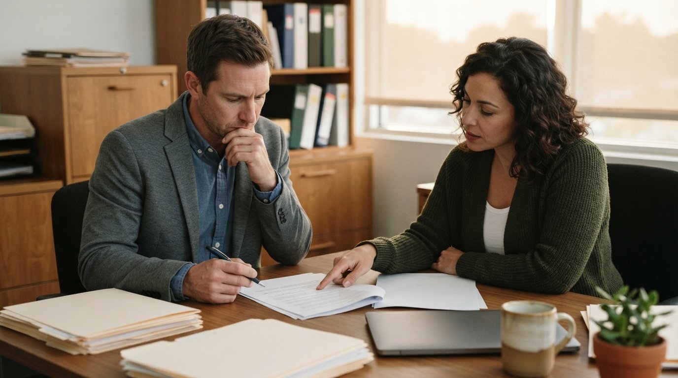 Small business owner and advisor reviewing a printed contract at a wooden desk in a sunlit office, with paperwork, a…
