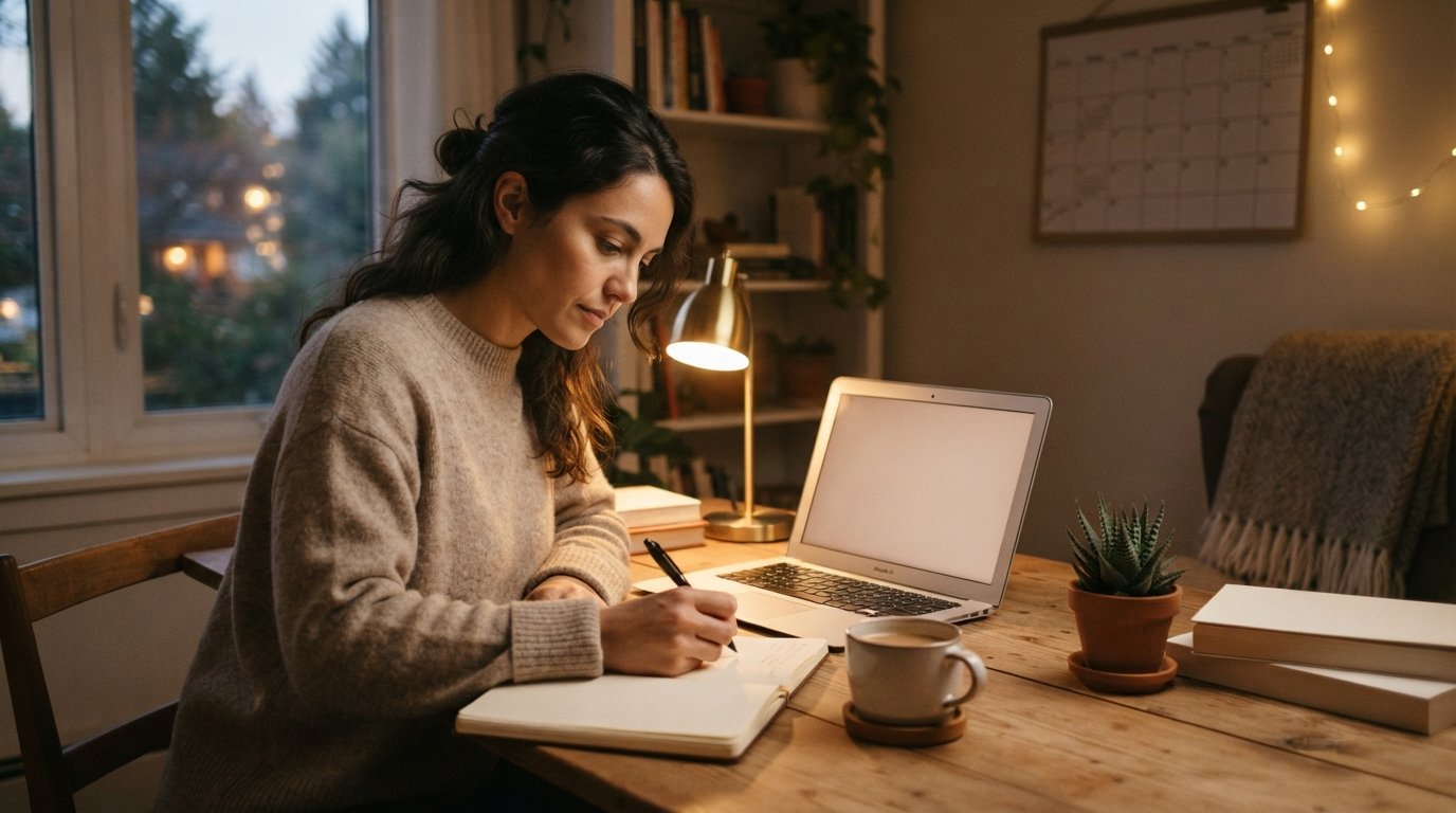 Adult student in a sweater studying at a wooden desk with an open laptop, notebook, pen, coffee mug, and warm desk lamp in…