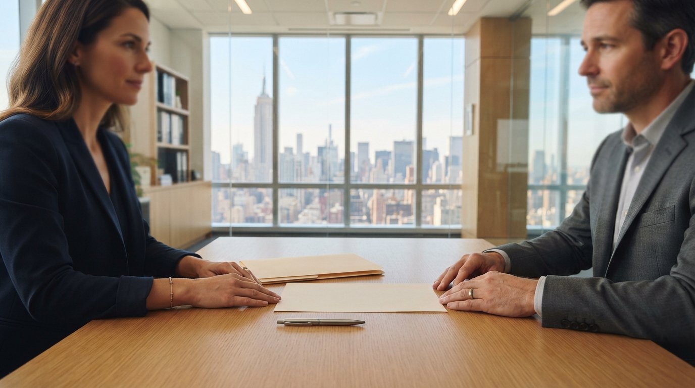 Two adults seated across a wooden desk with a closed manila folder, pen, and blank form in a bright New York legal office…