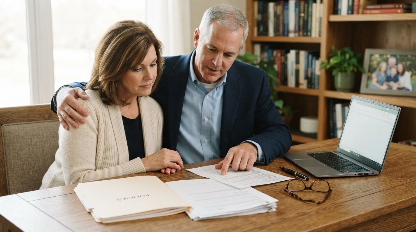 Middle-aged couple reviewing estate planning documents and a life insurance policy folder at a wooden desk in a sunlit home…
