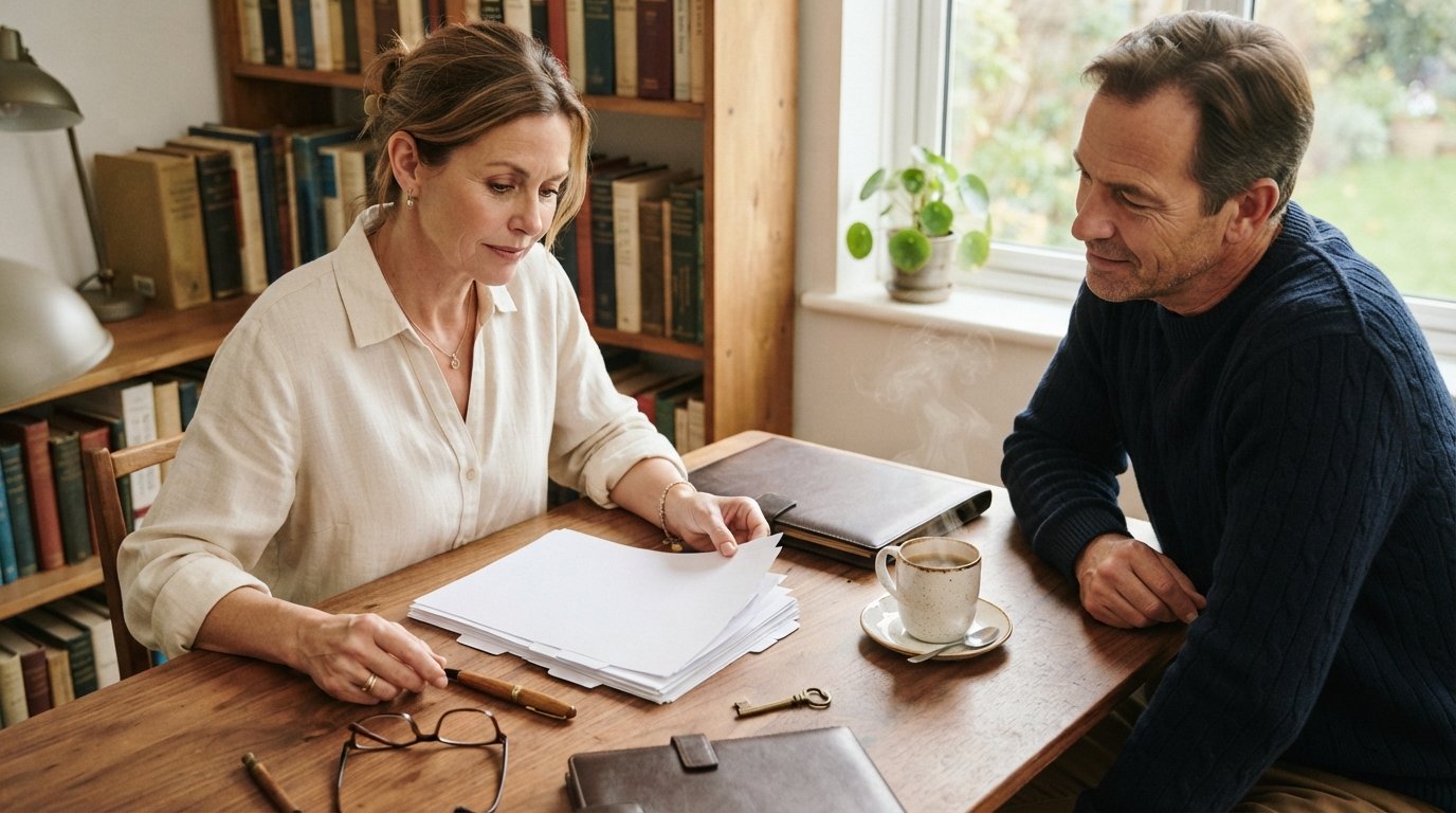 Woman in a cream blouse reviewing a stack of estate planning papers at a walnut desk with a man in a navy sweater, pen,…