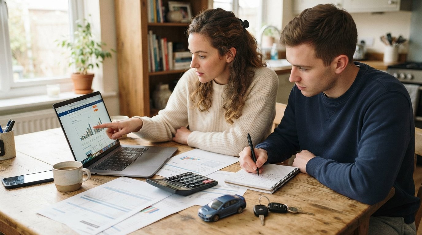 Young couple at a kitchen table reviewing insurance quotes on a laptop with a calculator, notepad, car keys, and model car