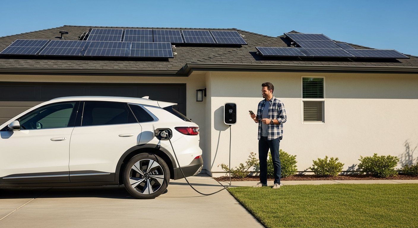 White electric SUV charging beside a house with solar panels on the roof on a sunny day