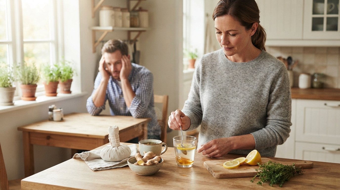 Woman in gray sweater preparing lemon-honey drink at kitchen counter with ginger, steaming mug, and cloth compress; man at…