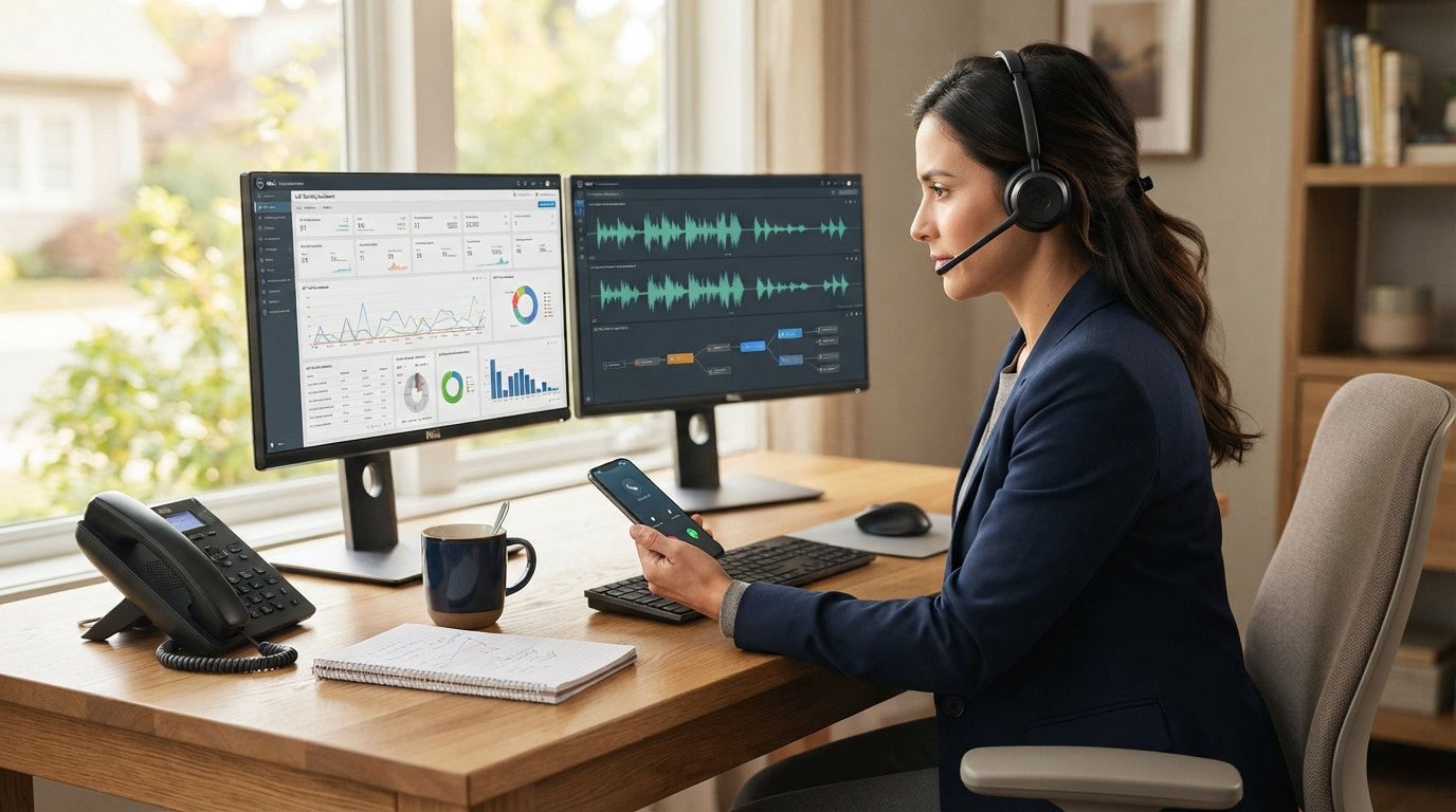 Publisher wearing a headset at a desk with dual monitors showing call tracking dashboards, audio waveforms, and live call…