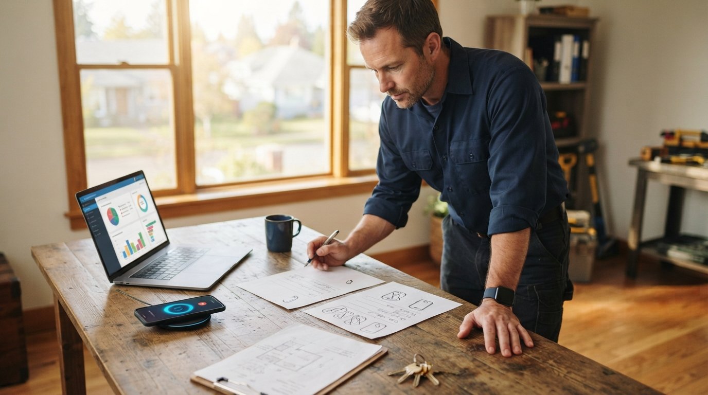Contractor in navy work shirt reviews two lead quote sheets at a desk, one with a single phone icon and one with…