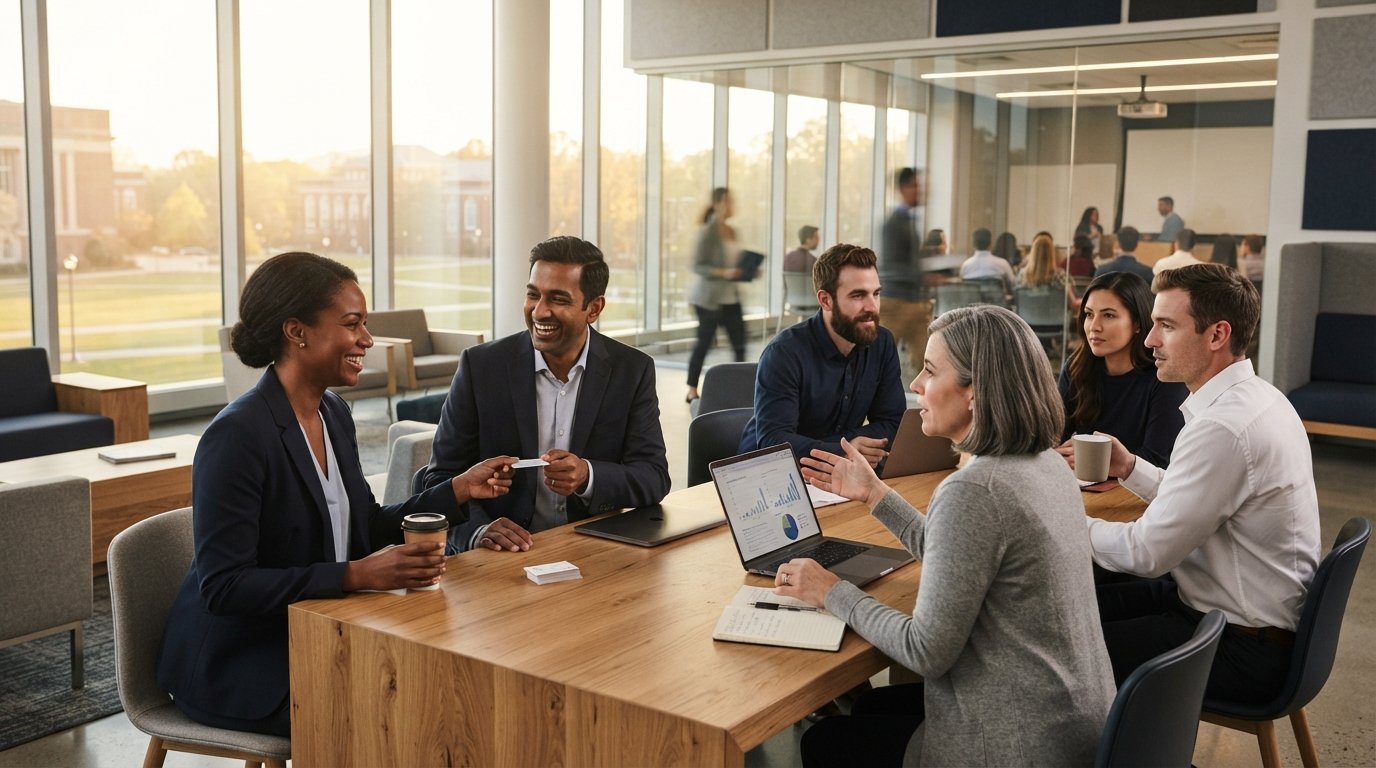 Mid-career professionals in business attire talk, exchange cards, and use laptops in a modern university conference lounge…