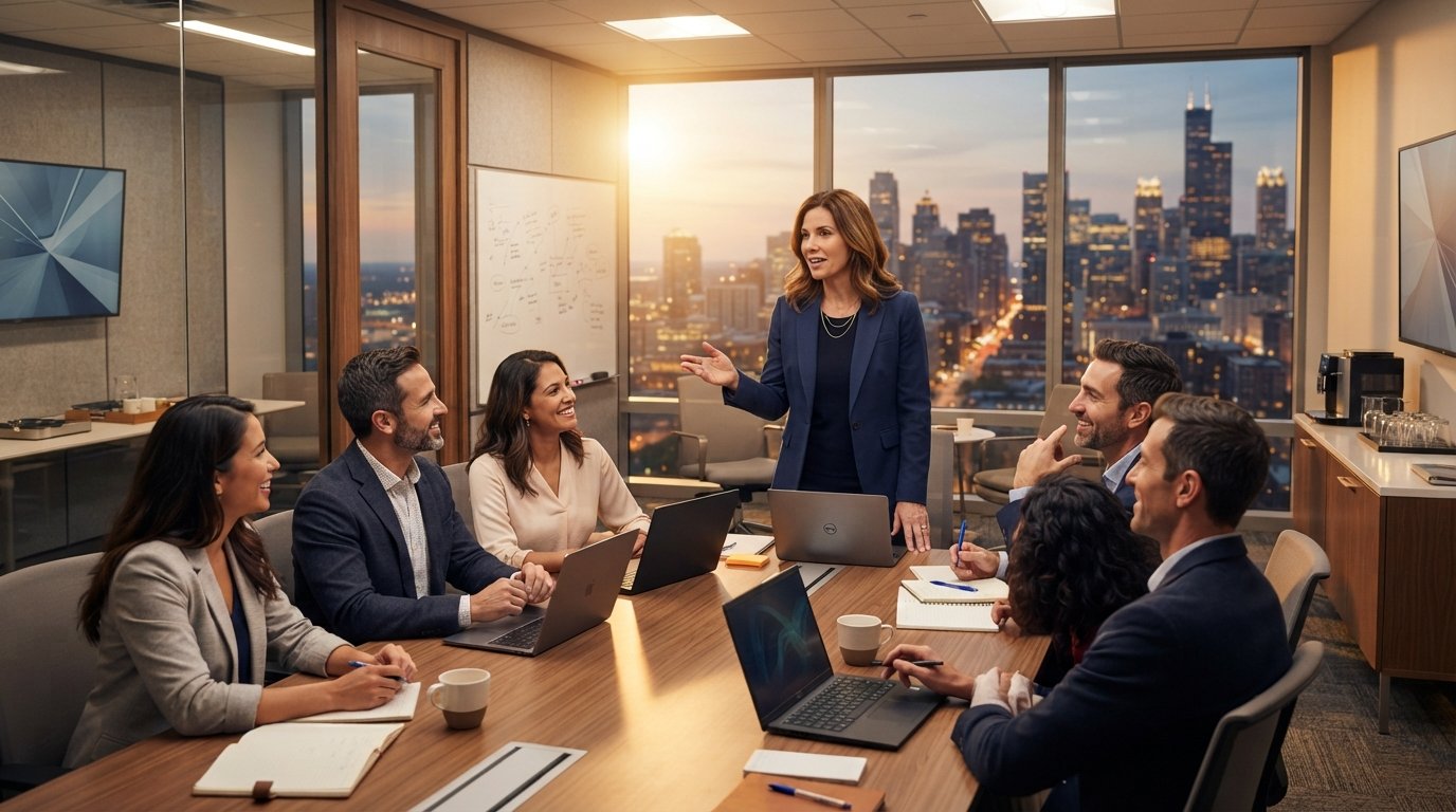 Mid-career professional in a navy blazer talking with diverse classmates around a conference table with laptops and coffee…