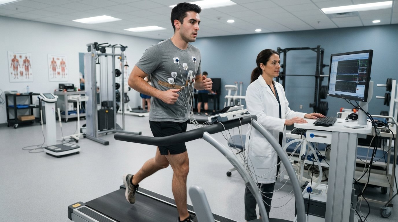College student on treadmill with EKG leads while professor monitors metabolic cart in exercise physiology lab