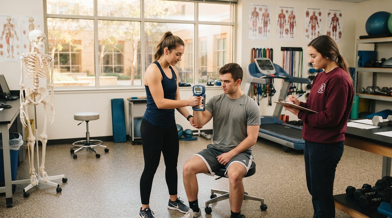 Students in athletic wear measuring arm strength with a handheld dynamometer while another records data in a bright…