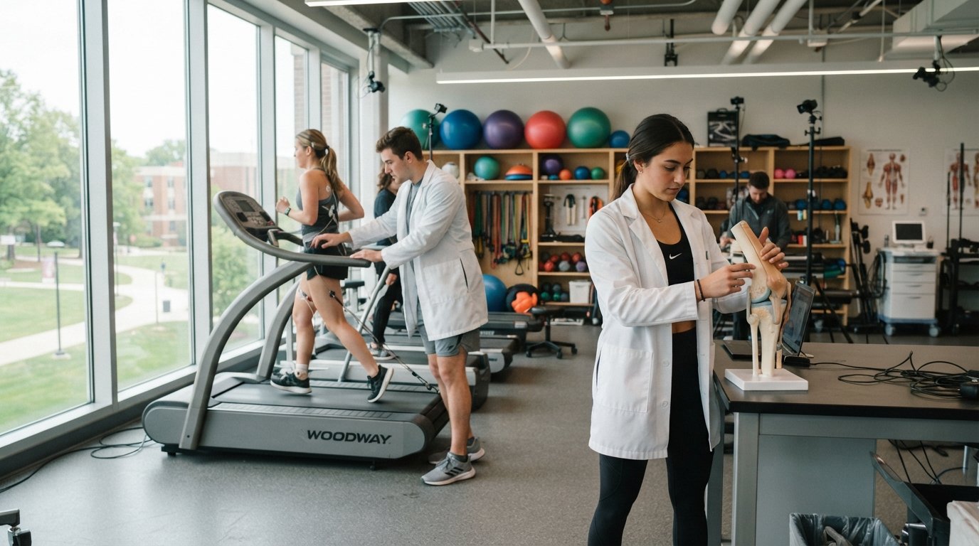 Students in athletic wear and lab coats adjust a treadmill beside a biomechanics joint model in a bright kinesiology lab