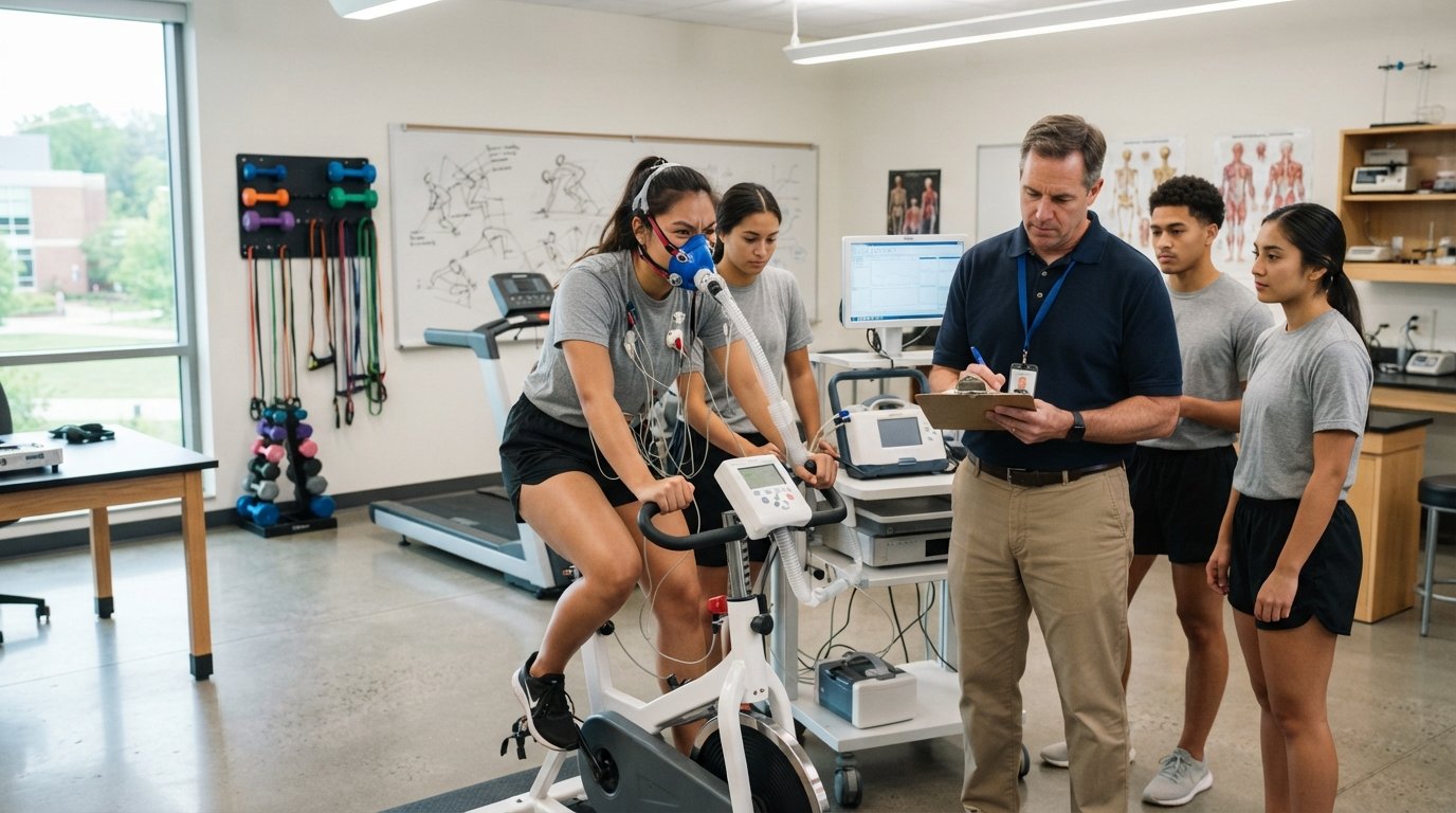 College students in athletic wear during a VO2 max test on a stationary bike, with a professor noting results in a bright…
