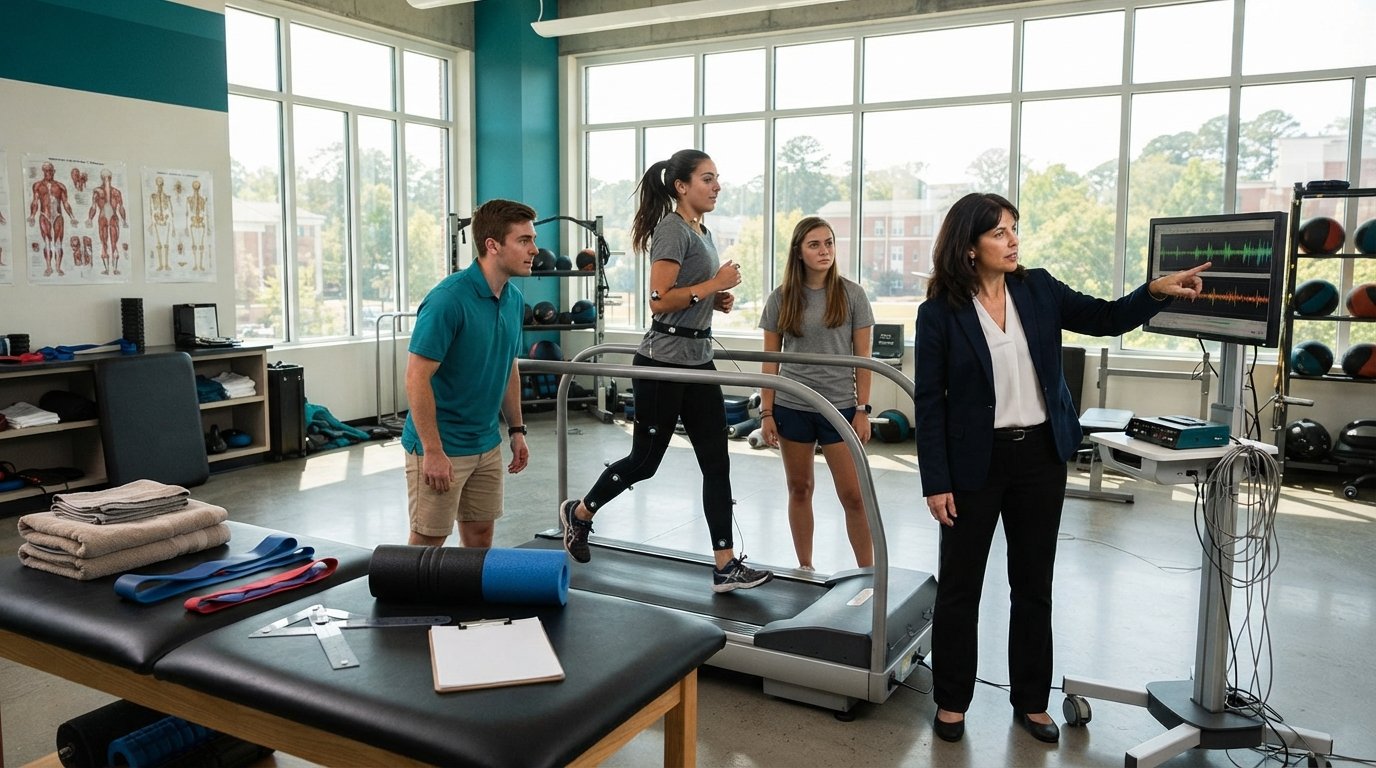 Two students in athletic wear watch a classmate run on a treadmill while a professor points to a muscle-activity monitor in…