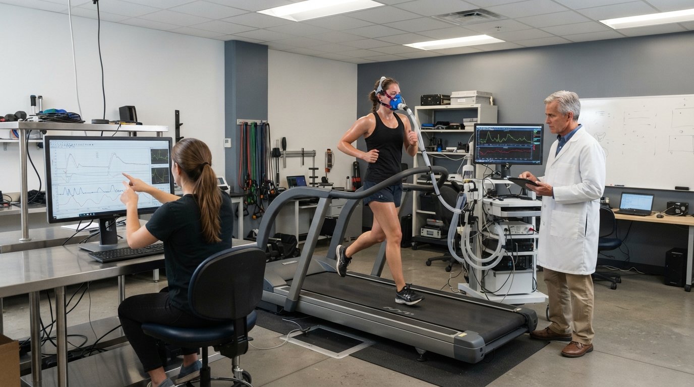 Graduate student on treadmill during VO2 max test while professor and another student monitor equipment and data screens in…