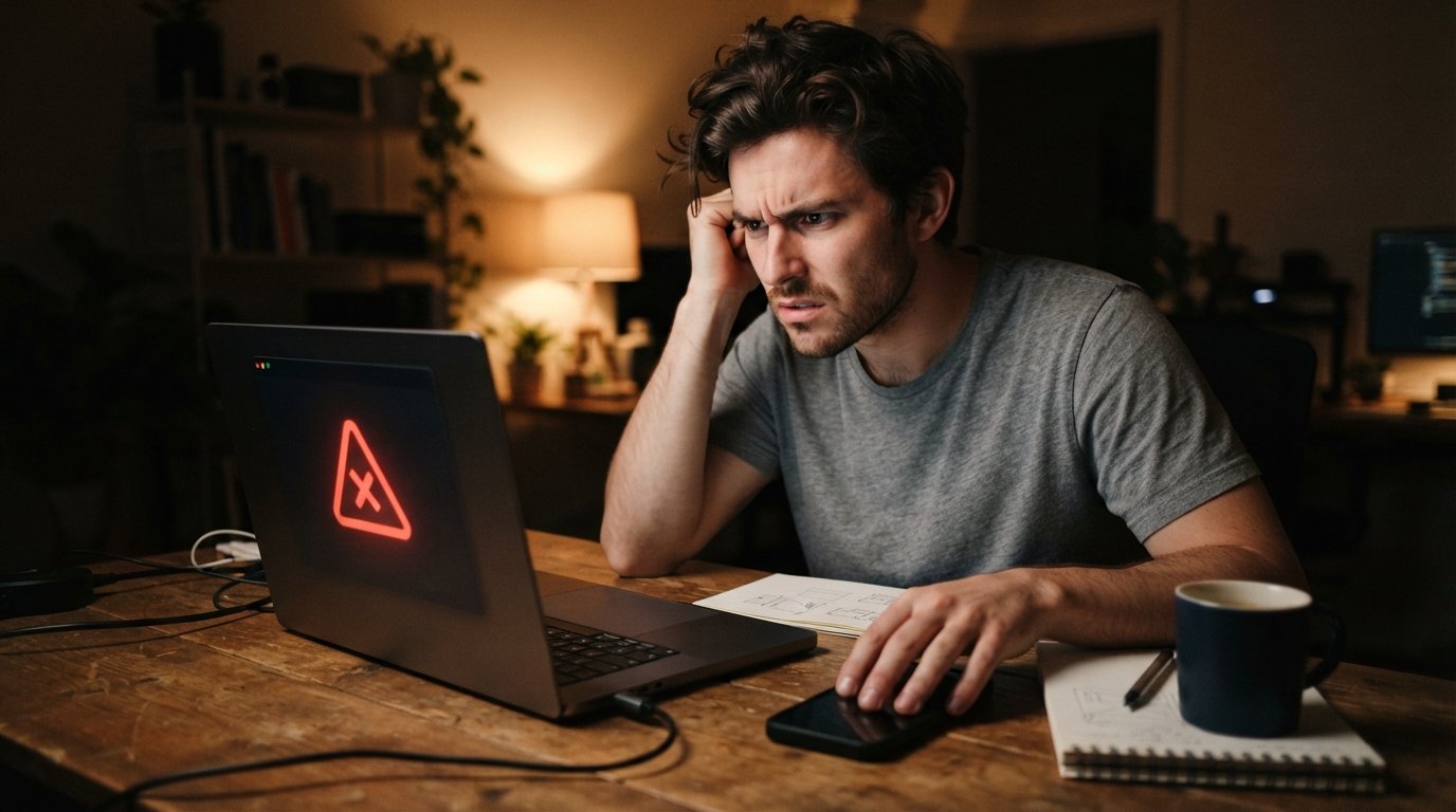 Young man in a gray t-shirt at a wooden desk looking at a laptop with a red warning icon, phone and coffee mug nearby