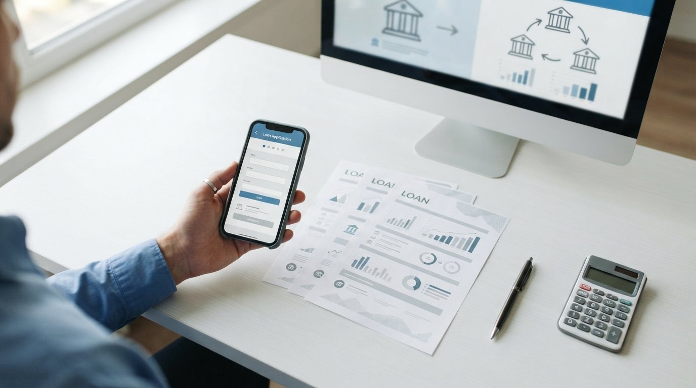 Hand holding smartphone with loan form beside three paper loan offers, pen, calculator, and monitor showing connector vs…