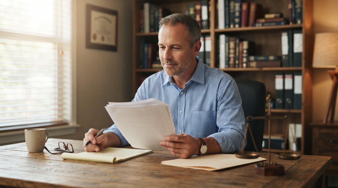 Man in a button-down shirt reviewing documents at a wooden desk beside a small bronze scale of justice in a home office