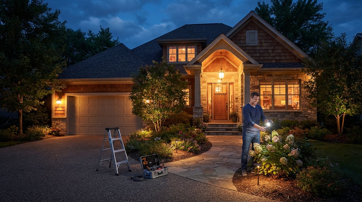 Homeowner on front steps adjusting a spotlight beside a warmly lit two-story house with porch pendant, garage sconces, and…