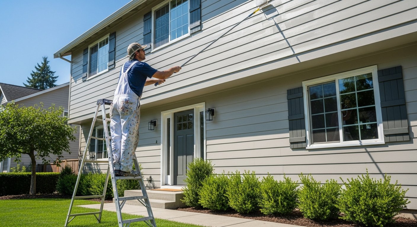 Painter in white overalls on a ladder rolls warm gray paint onto the wood siding of a two-story suburban house on a sunny day