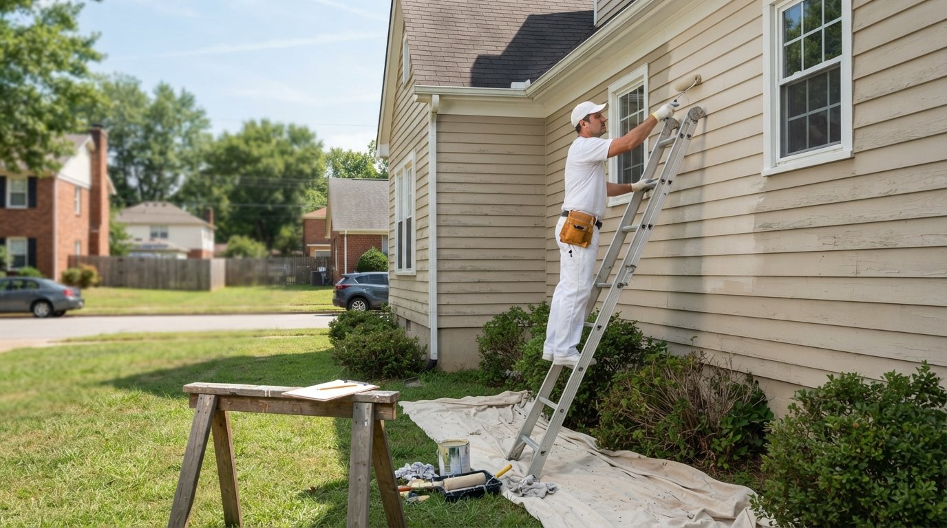 Painter in white uniform on an aluminum ladder rolling fresh paint onto the beige siding of a two-story suburban house,…