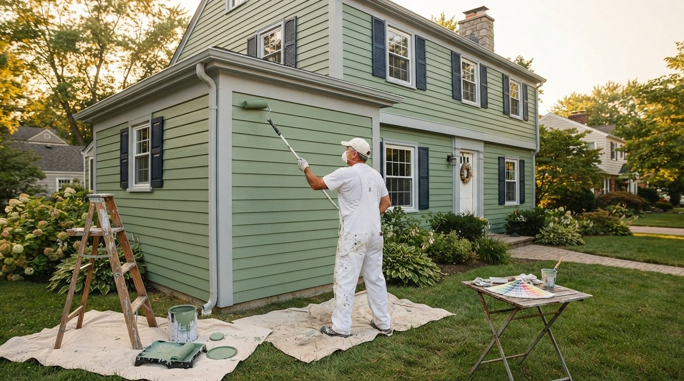 Painter in white overalls rolling sage-green paint onto wood siding of a two-story home with gray trim and navy shutters
