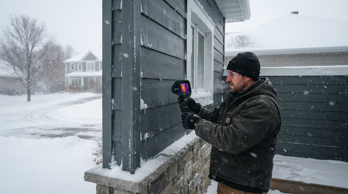 Contractor in winter gear scans deep slate gray fiber cement siding with a thermal imaging camera during a snowstorm