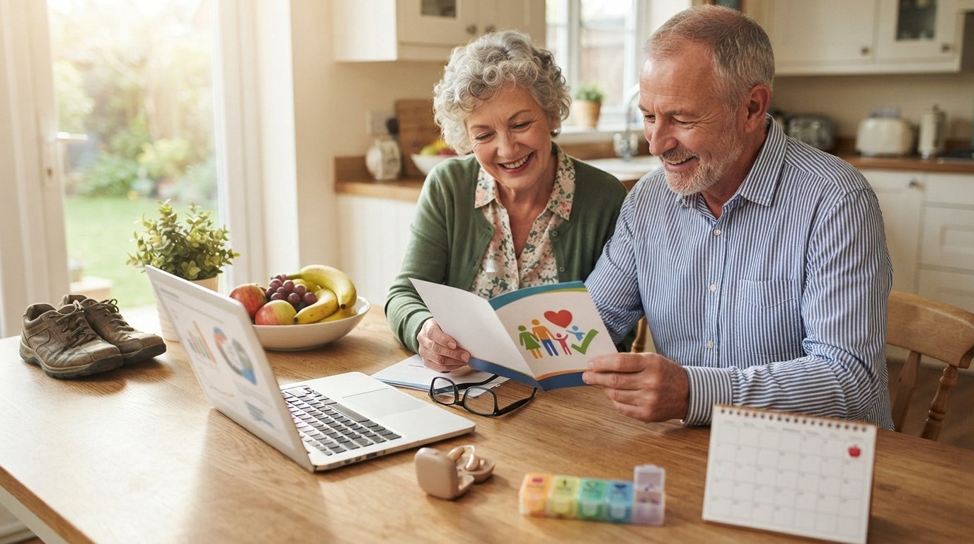 Senior couple at a sunlit kitchen table reading a Medicare Advantage brochure beside a laptop, hearing aid, pill organizer,…