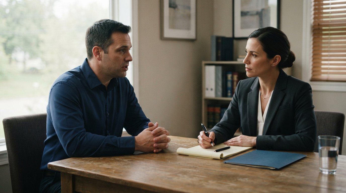 Man in a button-down shirt sits at a wooden table speaking with an attorney in a dark suit, a legal pad, pen, and folder…