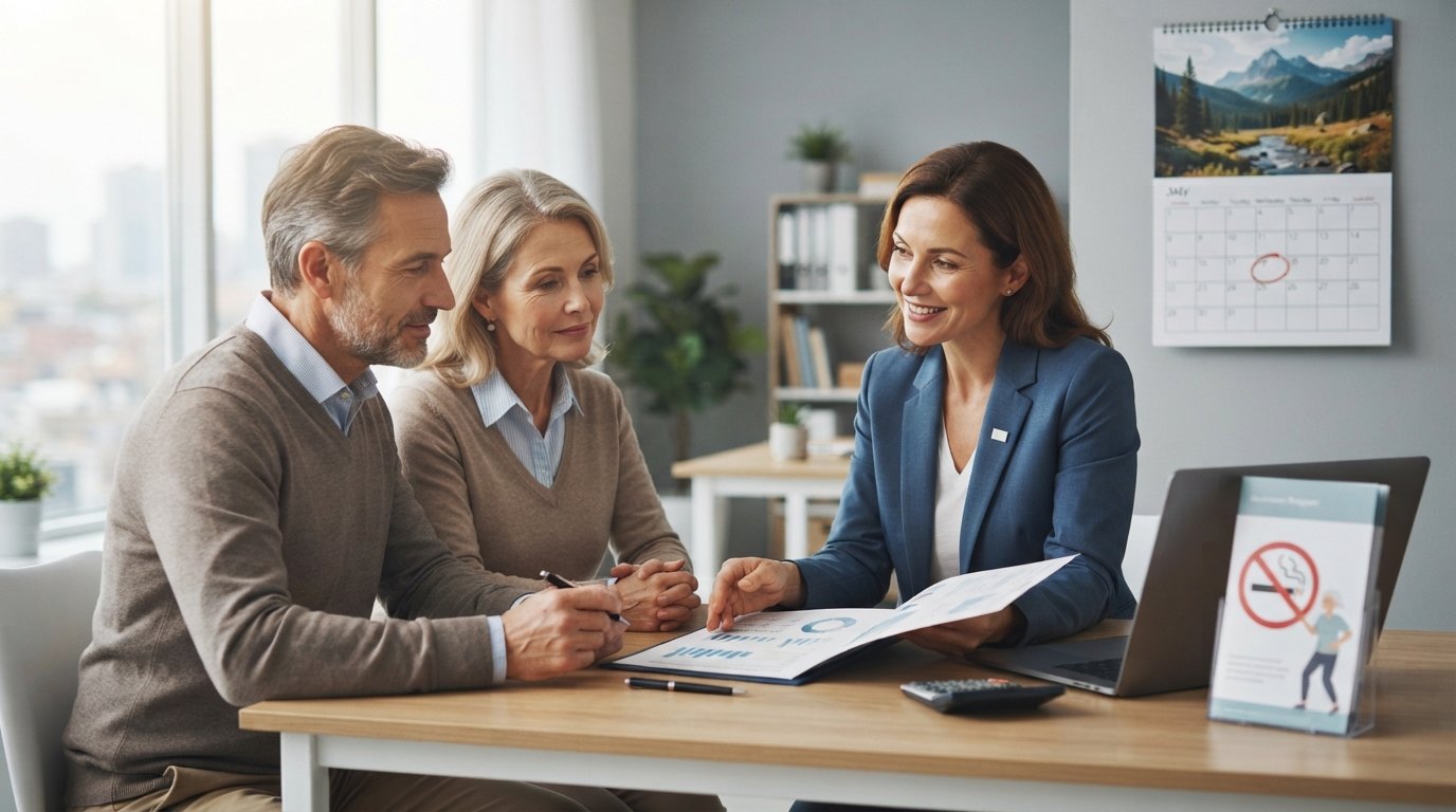 Insurance agent reviews a life insurance quote with a middle-aged couple at a desk with a laptop, calculator, and pen