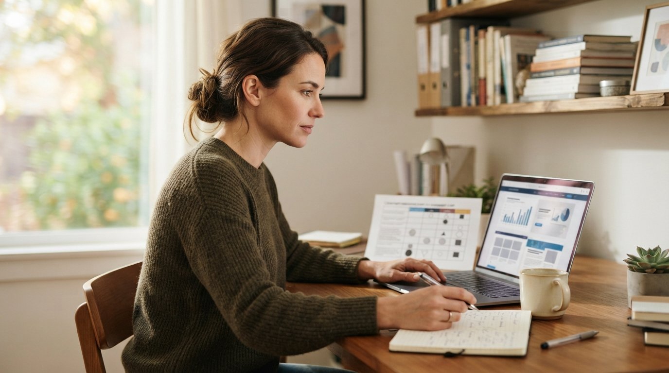 Adult learner at a wooden desk comparing online college options on a laptop beside a printed comparison chart, pen, coffee…