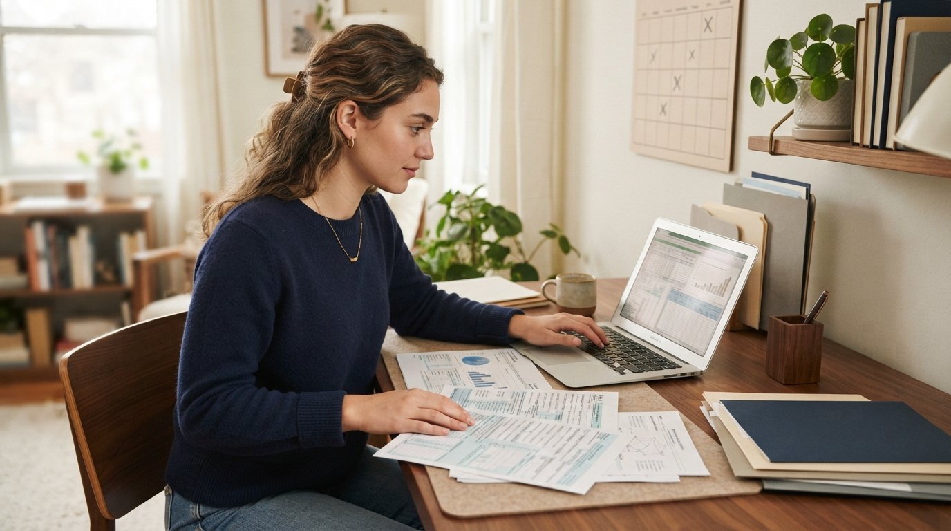 Young adult student at a wooden desk reviewing financial aid papers and tax documents beside a laptop and wall calendar