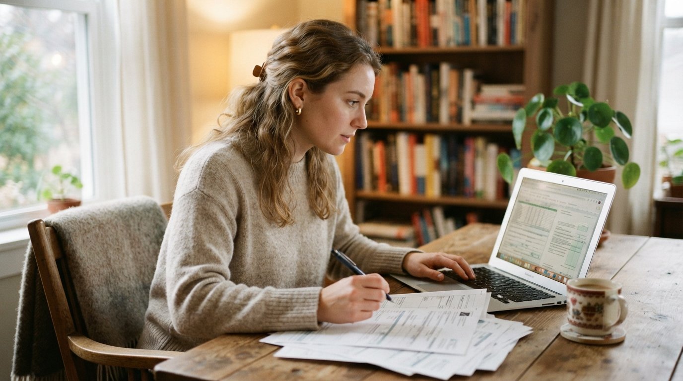 Young adult in a sweater sits at a wooden desk, reviewing financial aid paperwork on a laptop while holding a pen over a…