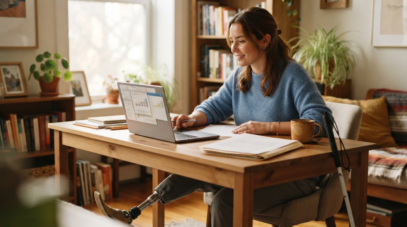 Student with a prosthetic leg reviews financial aid paperwork on a laptop at a sunlit desk, with a folder and white cane…