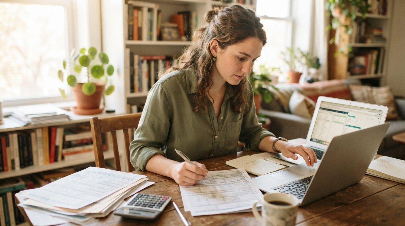 Young adult in a button-down shirt reviews financial aid papers and types on a laptop at a sunlit wooden desk, with a…